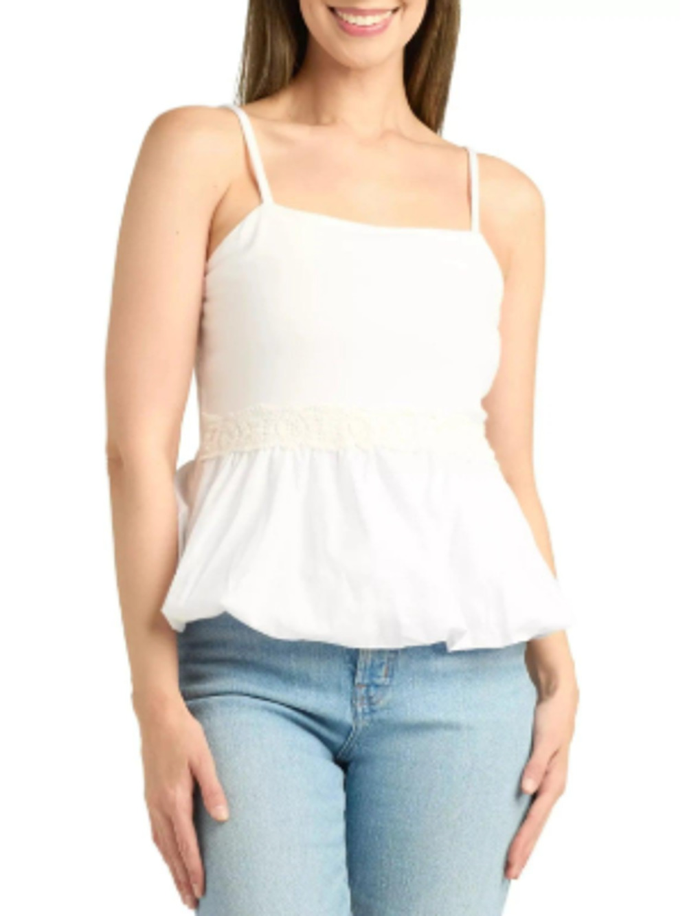 BCX Juniors' Solid Poplin Bubble-Peplum Square-Neck Top M